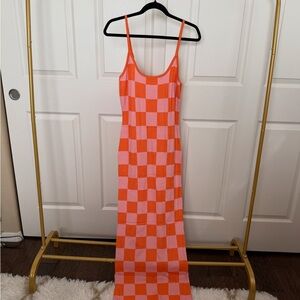 Orange and Pink Checkered Maxi Dress